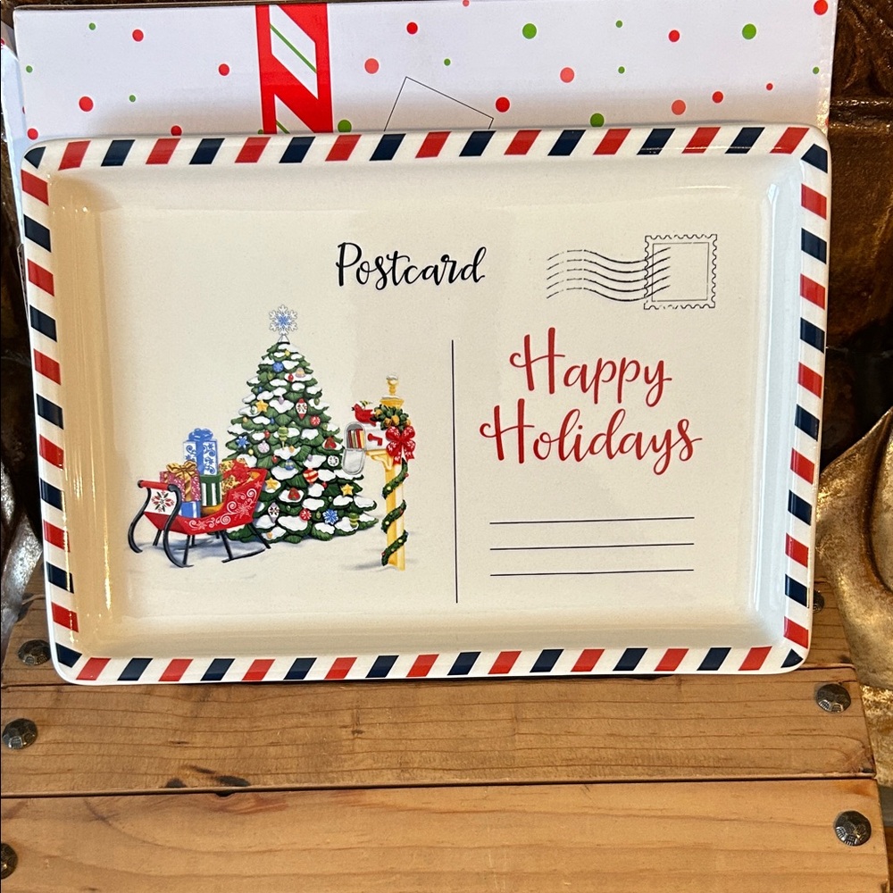Temp-Tations Holiday Postcard Tray with Red and Blue Accents